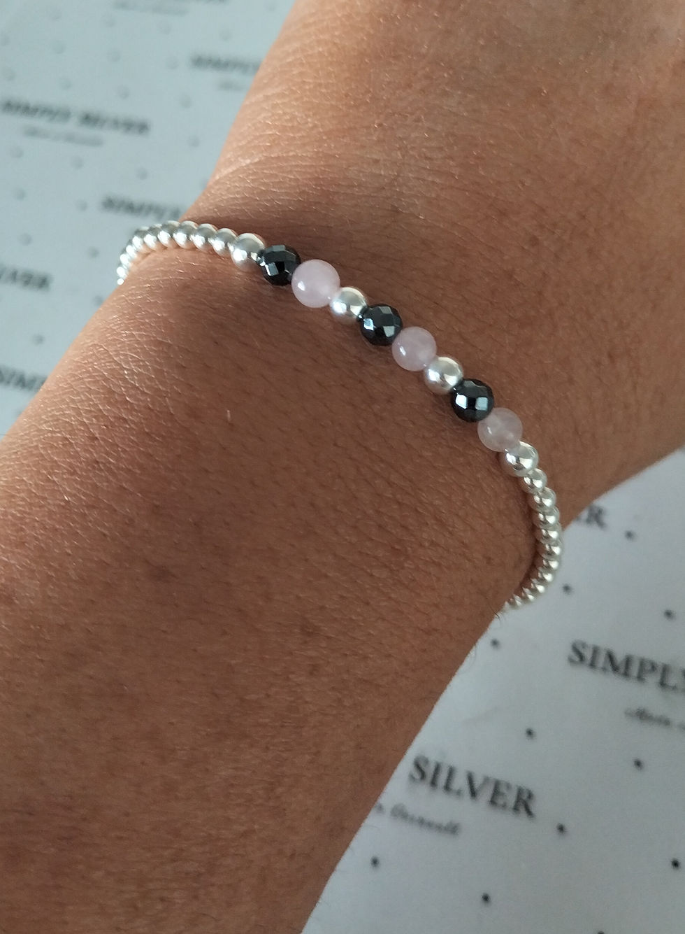 Sterling Silver , Hematite and Rose Quartz Stacking Bracelet