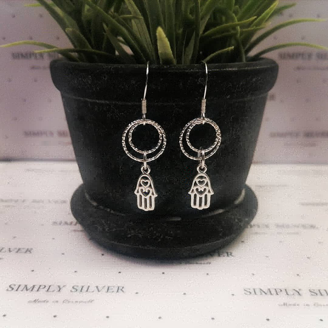 Sterling Silver Hamsa Dangley Earrings 