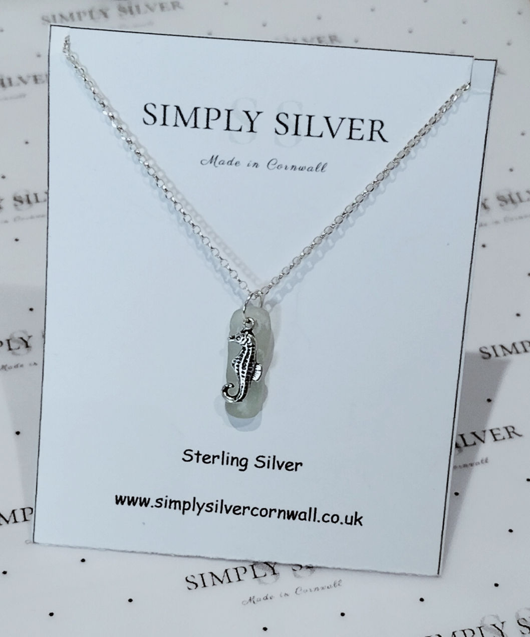 Cornish Seaglass , Sterling Silver Seahorse Necklace 