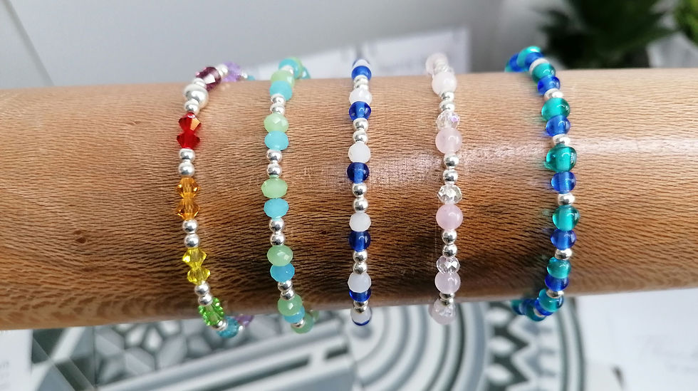Thumbnail: Sterling Silver, Rose Quartz and crystal beaded Stacking Bracelet 