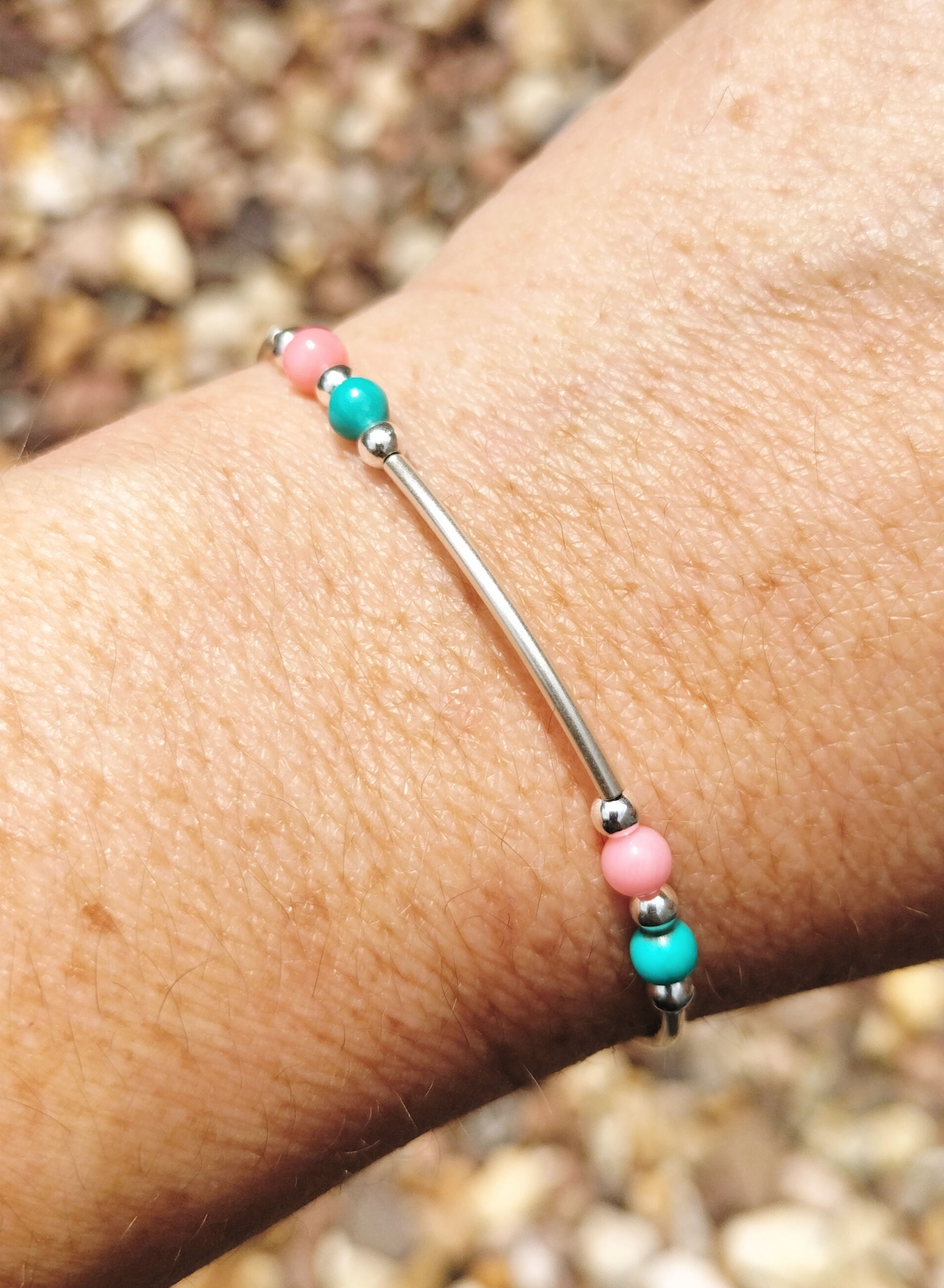 Turquoise and Coral Sterling Silver Stacking Bracelet 