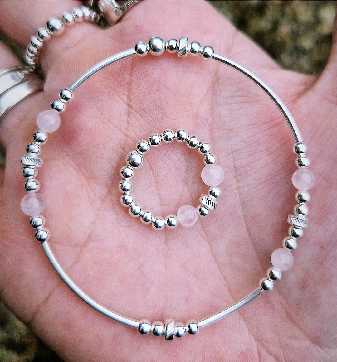 Duo - Rose Quartz Stacking Bracelet and Ring 