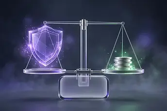 Conceptual 3D render of a glass balance scale with a glowing purple shield on one side and a stack of green coins on the other, representing the balance between health insurance coverage and premium budget.