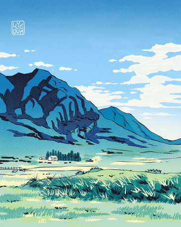 Illustration of a rural landscape with grassy fields, a small house, trees, and large mountains under a partly cloudy sky by Ly Leova