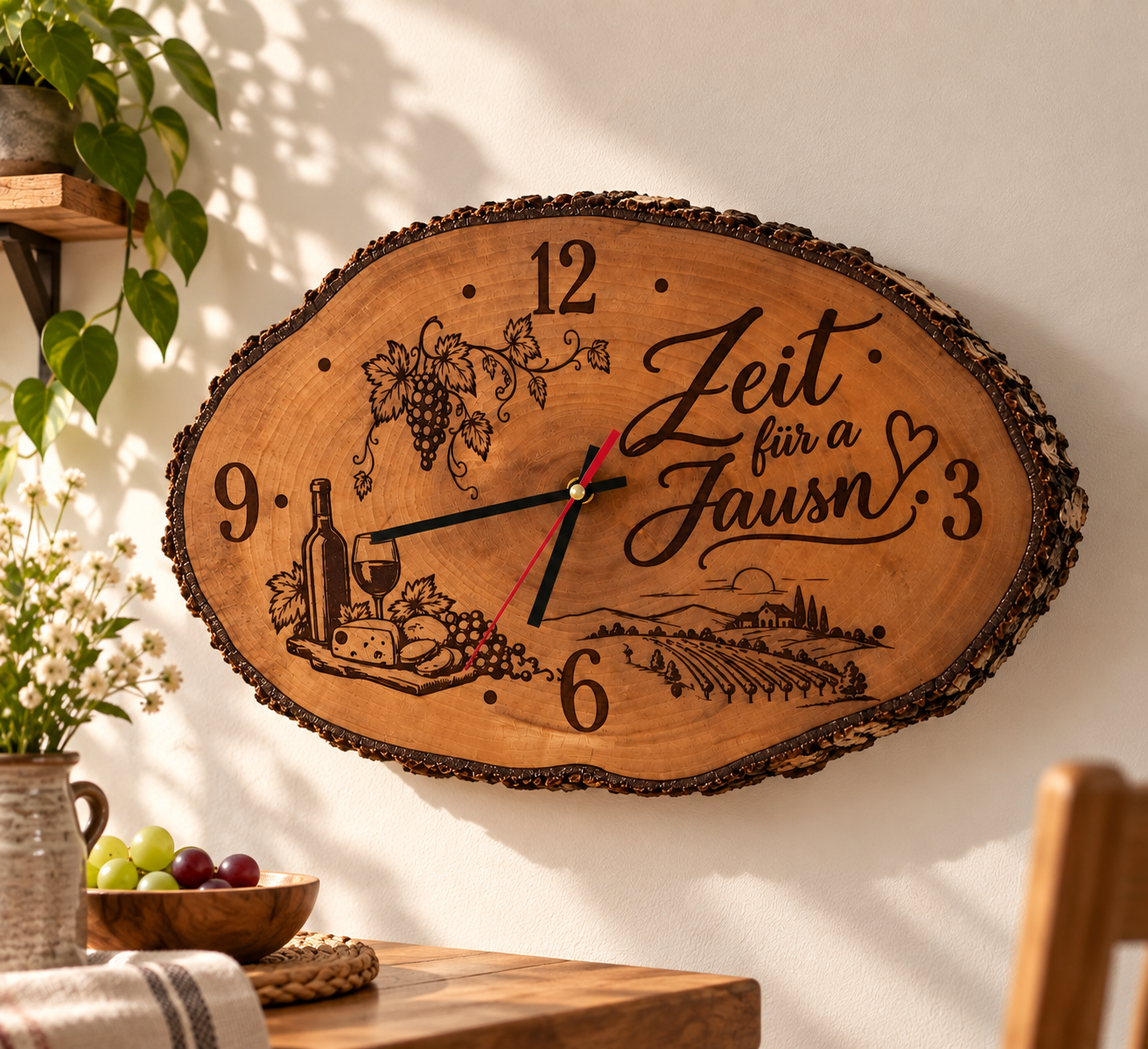 Wanduhr aus Baumscheibe mit natürlicher Rinde und Gravur Zeit für a Jausn