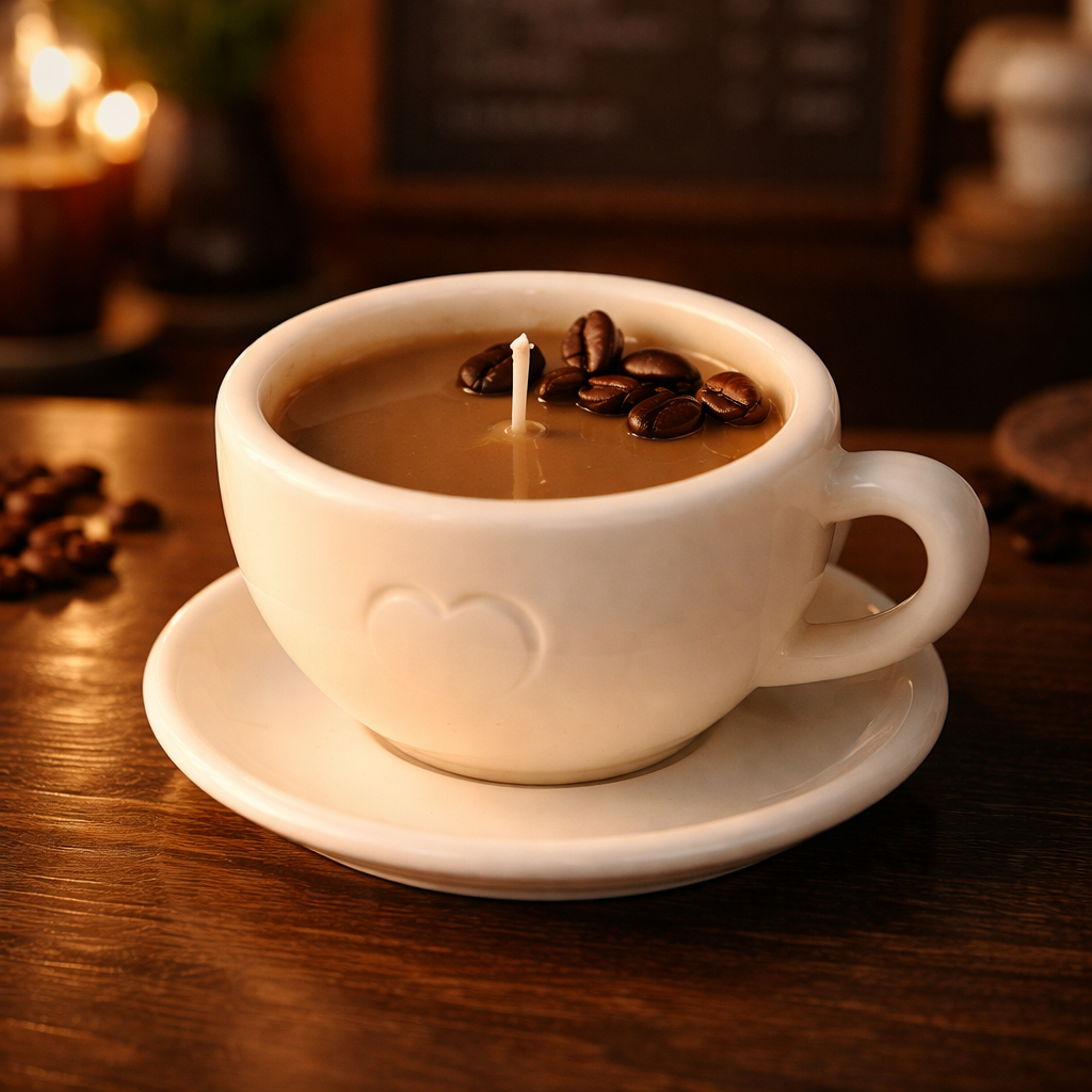 Duftkerze mit Irish-Coffee-Duft in dekorativer Kaffee-Tasse aus Gießpulver mit Kaffeebohnen auf Holztisch.