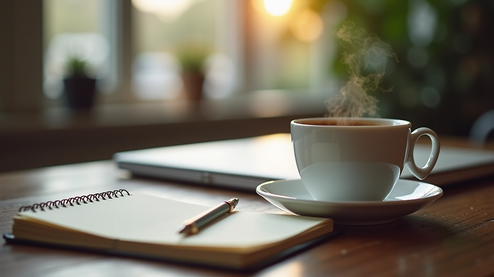 Close-up view of an open notebook with a pen and a steaming cup of coffee