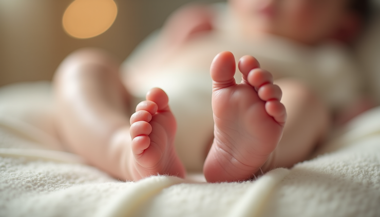 Close-up view of a baby’s tiny feet resting on a soft blanket