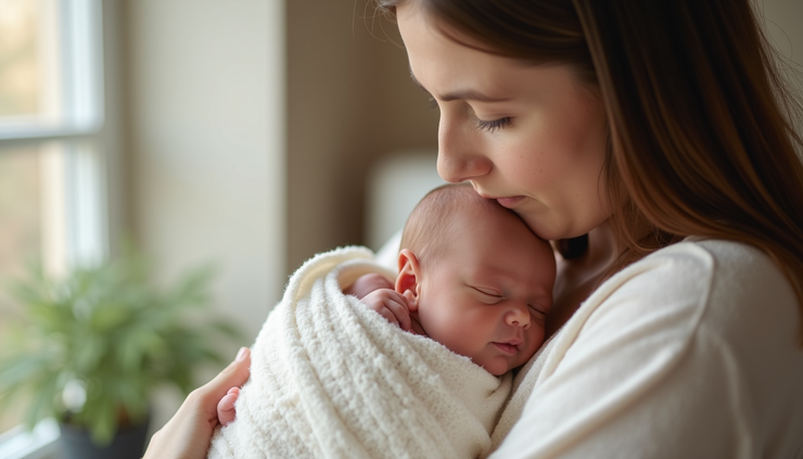 Eye-level view of a mother holding her newborn baby wrapped in a soft blanket