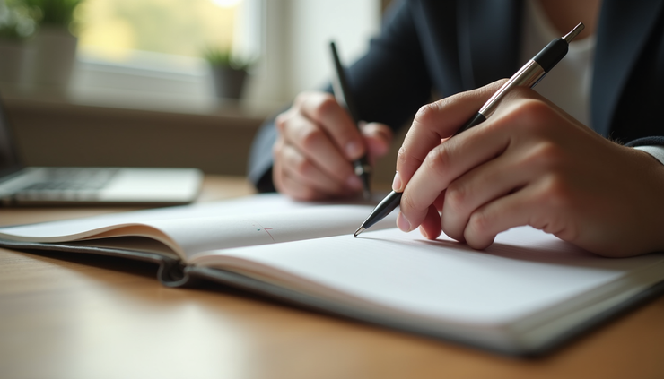 Close-up of a woman’s hands holding a small notebook with handwritten goals