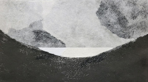 A narrow band of moonlit water framed by a dark shoreline, with rising mist merging into the night sky to create a luminous, ethereal scene.