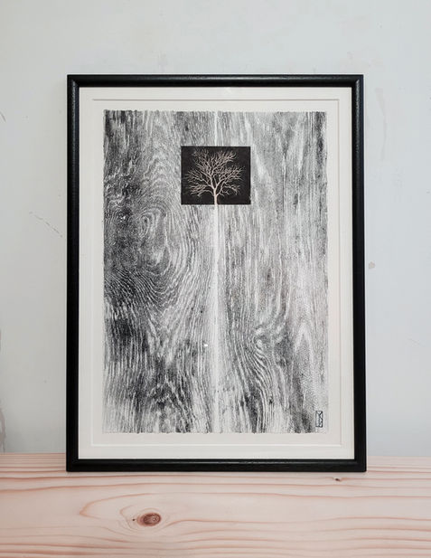 Small tree print and wood grain collage