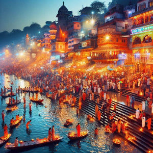 Aarti ceremony with floating lamps on the Ganges River at Har Ki Pauri, a sacred Hindu pilgrimage site in Haridwar