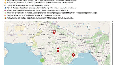 Interactive map interface of NewsMap showing localized news alerts and geographic data points