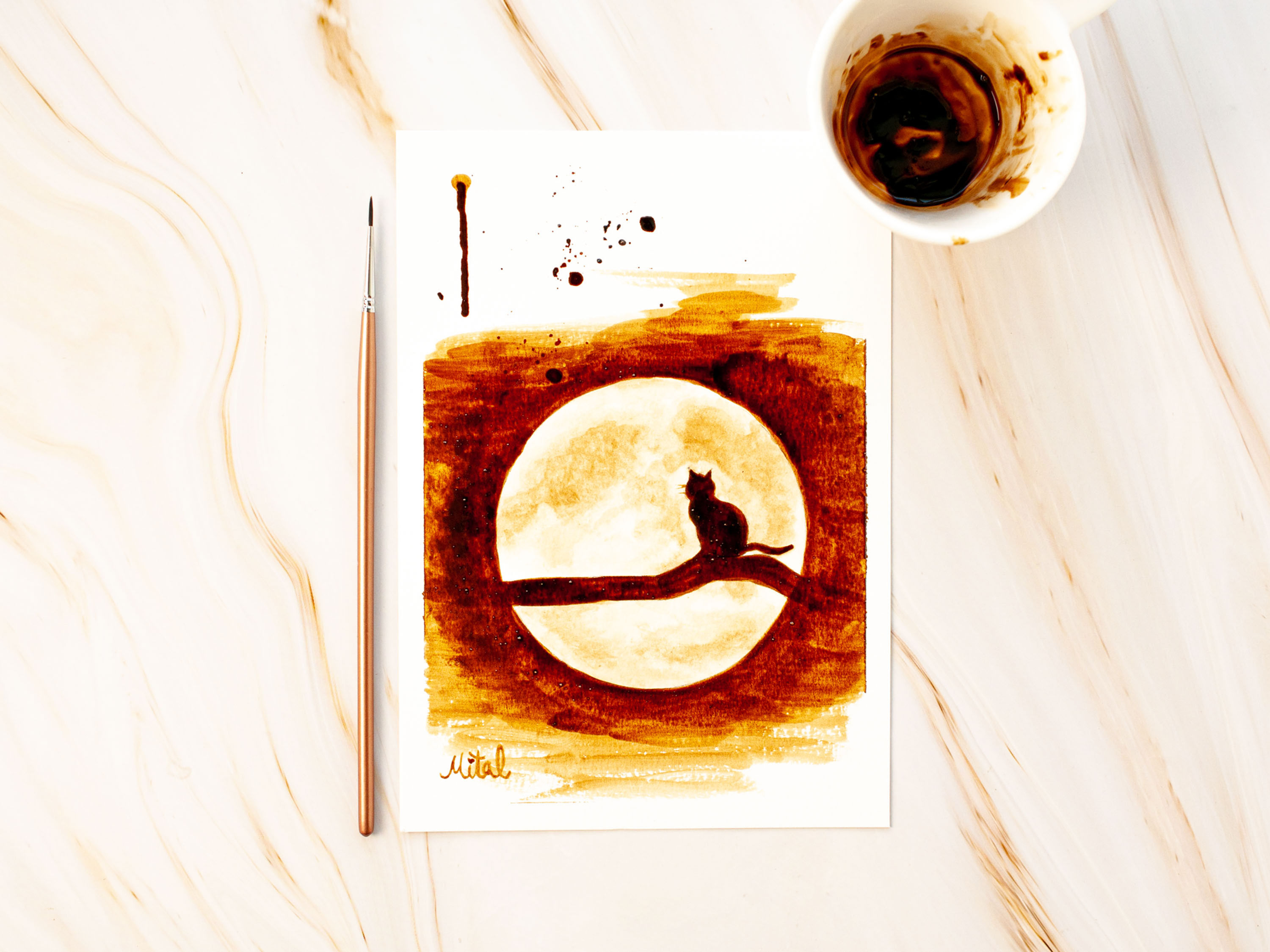 Original Cat on the moon, Whimsical cat art, cat coffee painting
