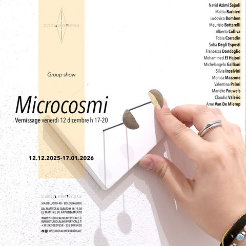 microcosmi studio la linea verticale arte contemporanea bologna Group show: Navid Azimi Sajadi - Mattia Barbieri - Maurizio Bottarelli - Alberto Colliva - Tobia Corradin - Sofia Degli Esposti - Francesca Dondoglio - Mohammed El Hajoui - Michelangelo Galliani - Silvia Inselvini - Monica Mazzone - Valentina Palmi - Marieke Pauwels - Claudio Valerio - Arne Van De Mierop - Ludovico Bomben