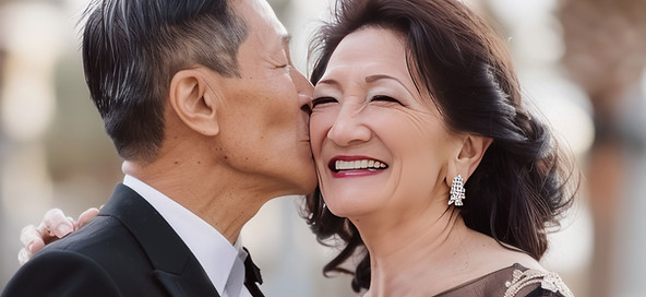 Happy man kisses elegant woman's cheek, both in formal attire.