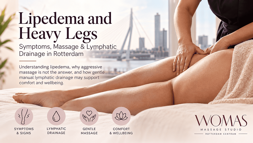 Woman receiving a gentle leg massage, illustrating lipedema symptoms and manual lymphatic drainage at WOMAS Massage Studio in Rotterdam.