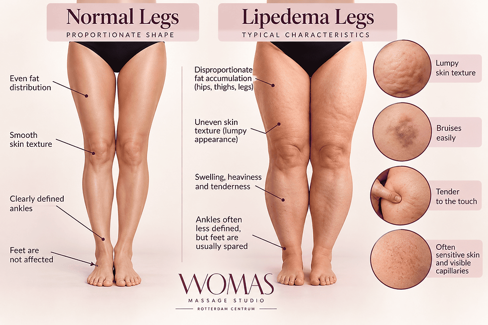 Educational illustration comparing typical leg proportions with possible signs of lipedema, including disproportionate fat distribution, tenderness, easy bruising and feet usually being unaffected.