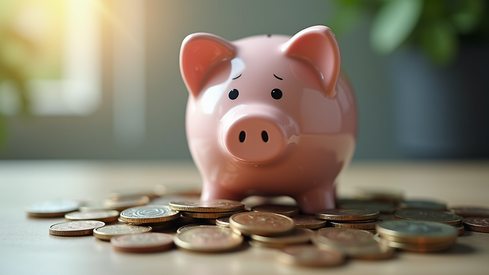 Eye-level view of a piggy bank overflowing with coins
