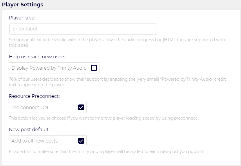 Player settings Trinity Audio