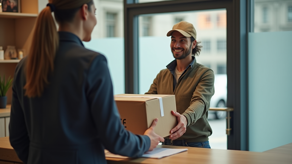 Close-up view of a courier handing over a package to a business receptionist