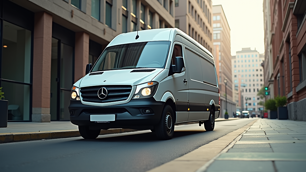 Eye-level view of a courier van parked outside a business building