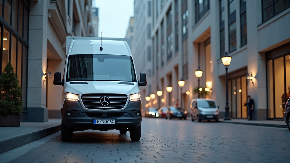 Eye-level view of a secure courier vehicle parked outside a business building