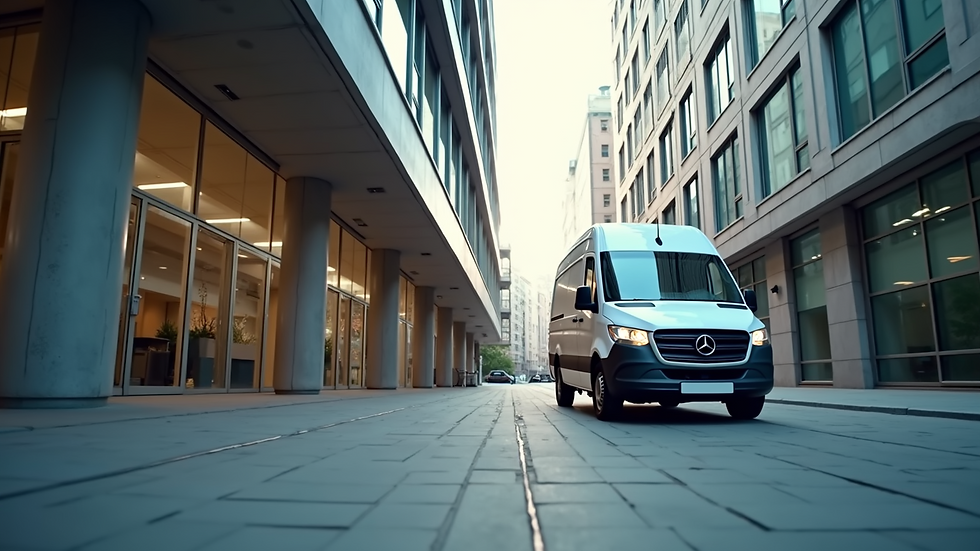 Eye-level view of a courier van parked outside a modern office building