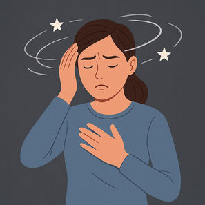 An illustration of a woman with her eyes closed, sad face, and hand by her forehead with stars and swirls around her.