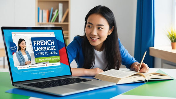A scene featuring a young woman of Asian descent attentively watching a French language video tutorial on a laptop screen. The scene is brightly lit, conveying a positive and studious atmosphere. The color palette (1).jpg