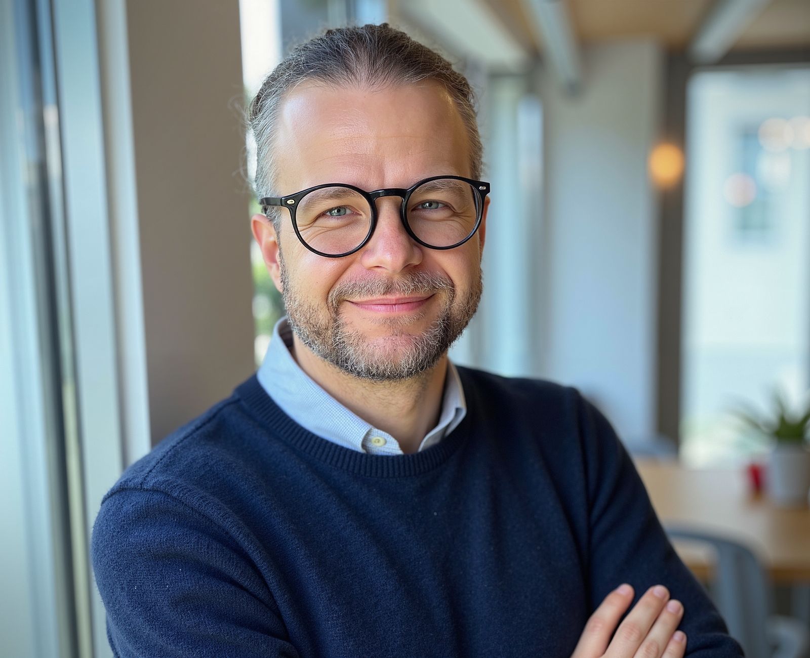 Smiling man wearing a blue sweater and blue button down shirt, with glasses
