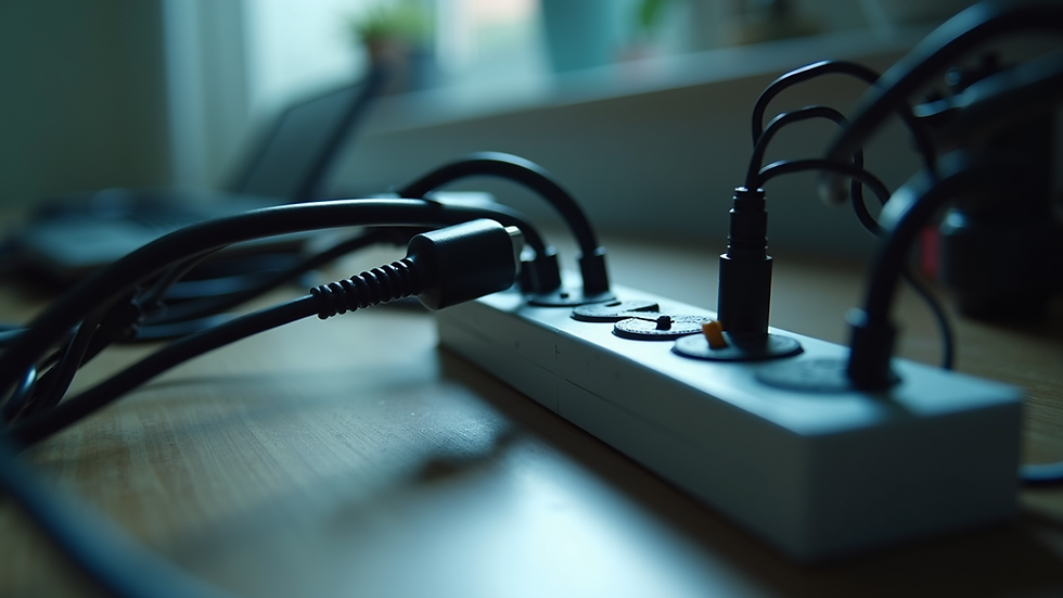 Eye-level view of an overloaded power strip with multiple cords