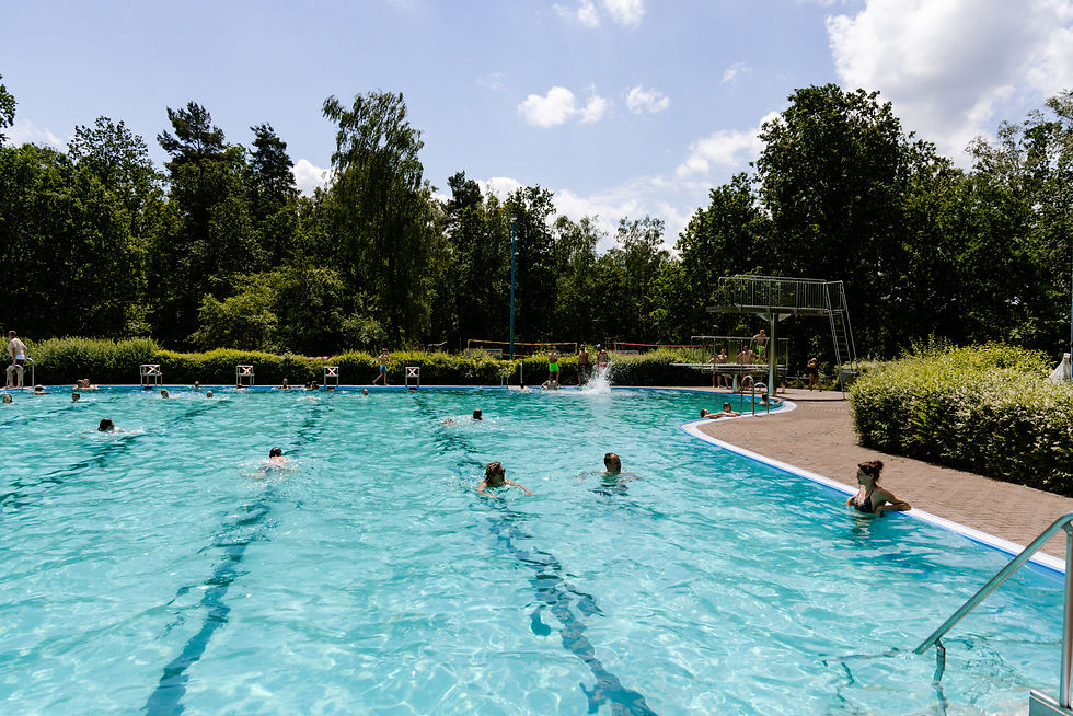 Sprungturm und Volleyballfelder im Heideschwimmbad Höfer. Foto: David Borghoff