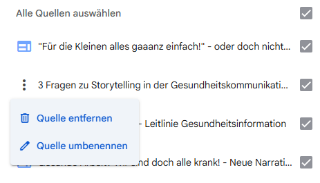Screenshot: Quellen auswählen, umbenennen und löschen