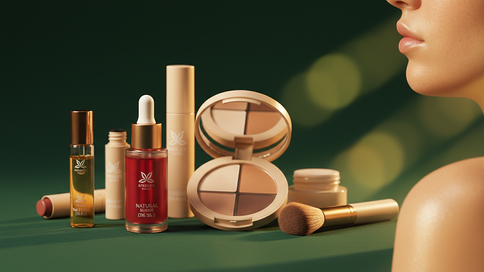 Close-up view of natural makeup products arranged neatly