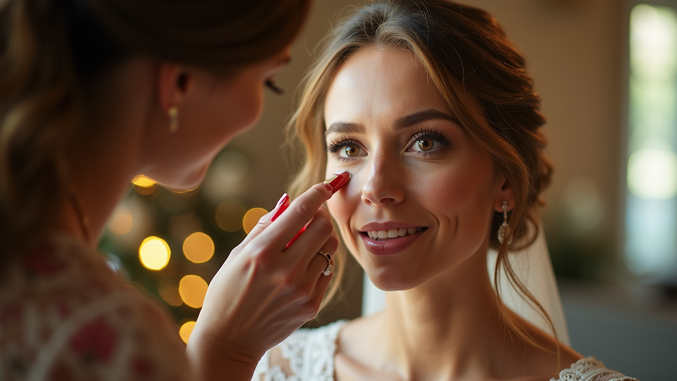 Eye-level view of a makeup artist applying natural foundation on a bride