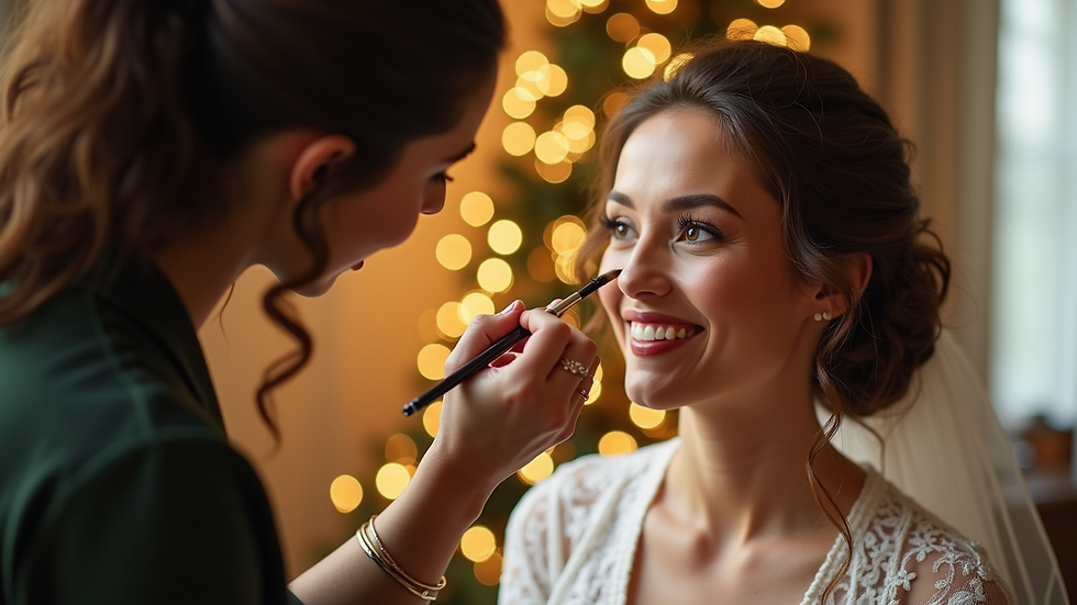 Eye-level view of a makeup artist applying natural makeup on a bride