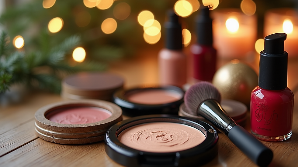 Close-up view of natural makeup products arranged for a bridal makeup session