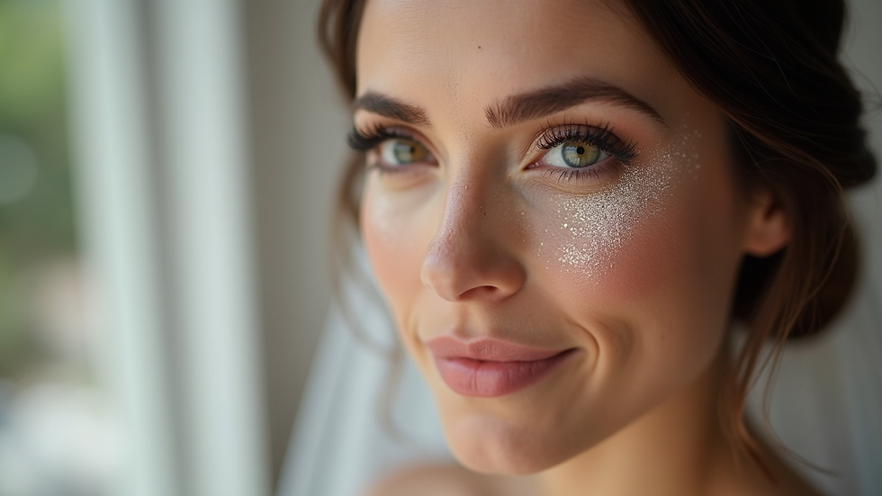 Eye-level view of bridal makeup with subtle shimmer on eyelids
