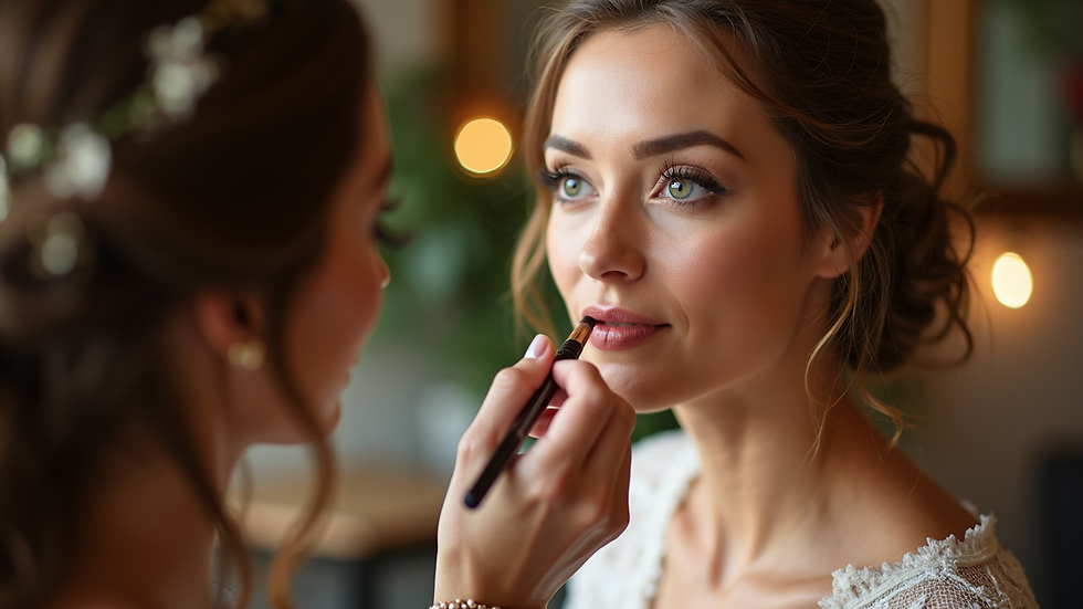 Eye-level view of a makeup artist applying natural bridal makeup