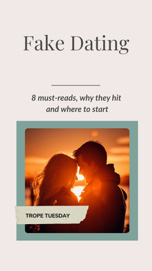 Trope Tuesday: Fake Dating — graphic with blush pink background and illustrated couple, text reads ‘8 Favorite Picks.’