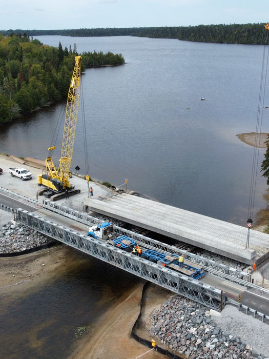 Cranes constructing a bridge over a river in a forest.