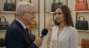 Un homme journaliste de 60 ans interviewe au micro une jeune femme élégante dans sa boutique de sacs à main haut de gamme.