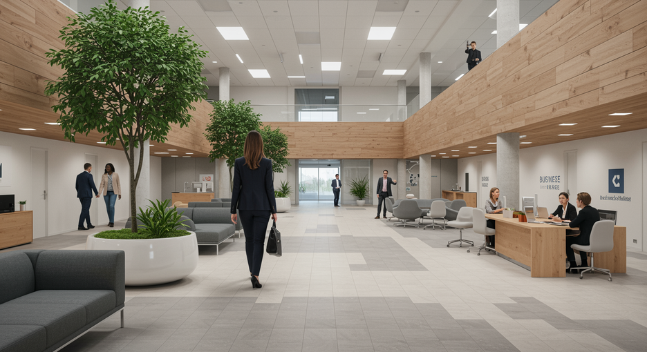 Jeune femme d'affaires entrant dans le hall d'un centre d'affaires français appelé Business Village