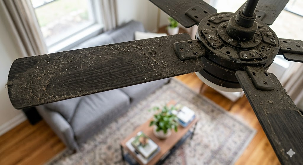 A dusty ceiling fan with cobwebs overlooks a cozy living room, highlighting the need for regular maintenance and cleaning.