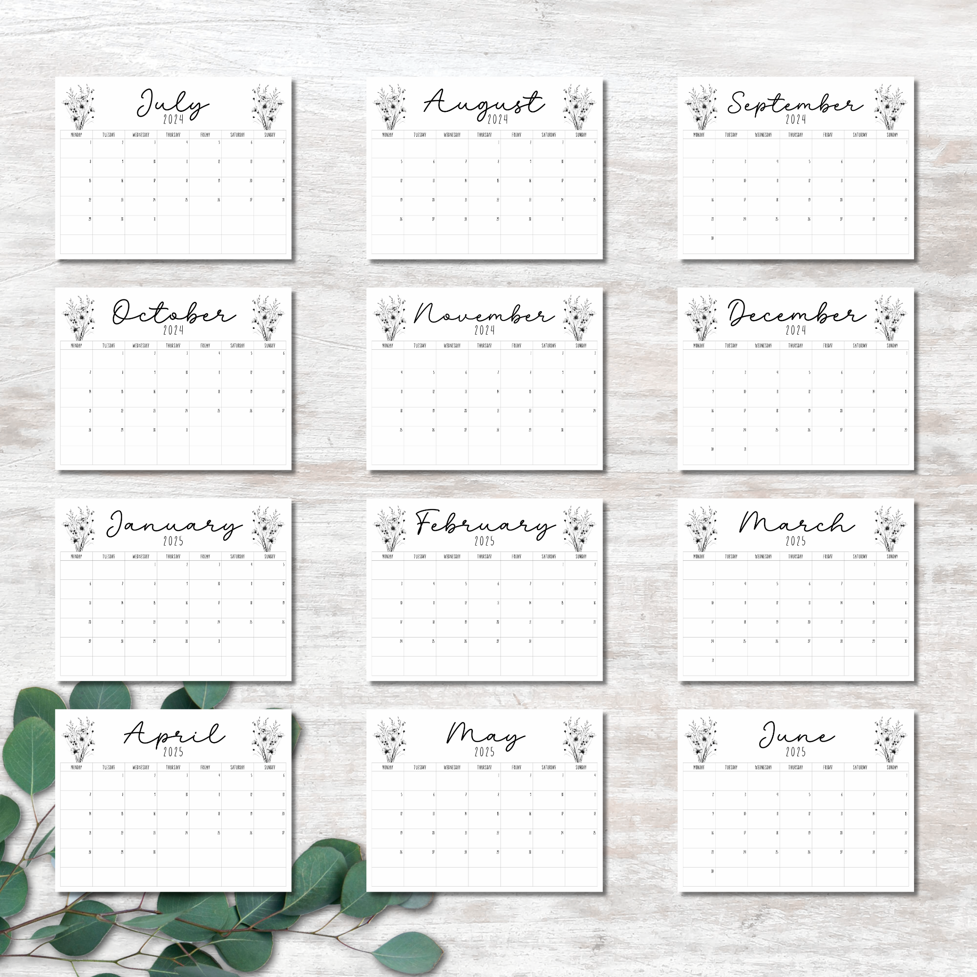 2024-2025 FY Calendar - Black and White Wildflowers