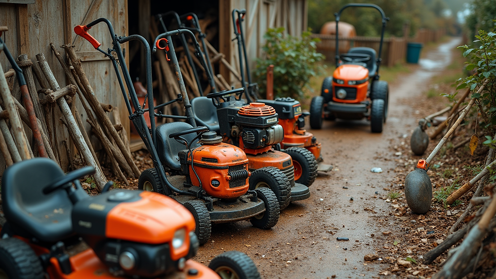 High angle view of various garden tools and machinery arranged for rental