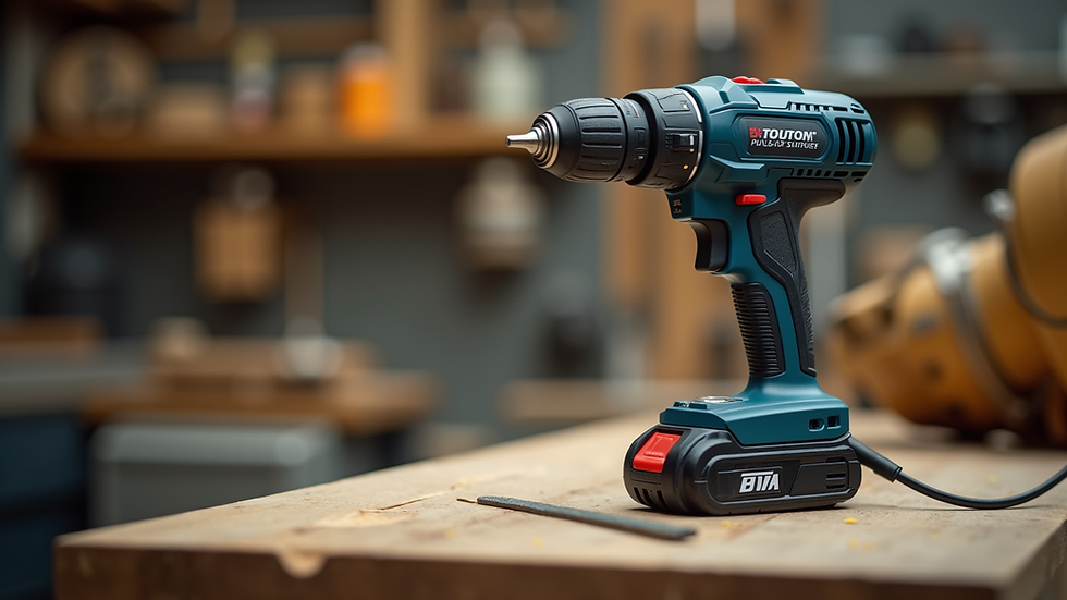 Close-up view of a modern electric drill on a wooden workbench