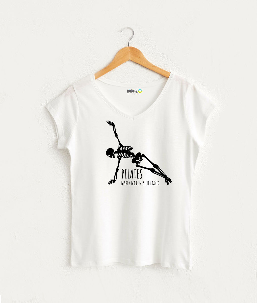 İskelet Görselli V Yaka Kadın Beyaz Tasarım Tshirt